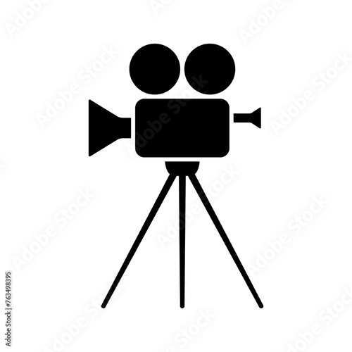 Old film movie camera icon. Black silhouette. Front side view. Vector simple flat graphic illustration. Isolated object on a white background. Isolate.