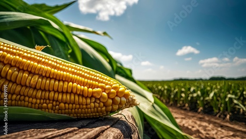 Single Corn Cob Lying On A Wooden Surface With A Vast Cornfield And Blue Sky In The Background