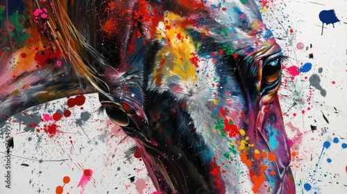 painting of a horse face with colorful paint splatters  photo