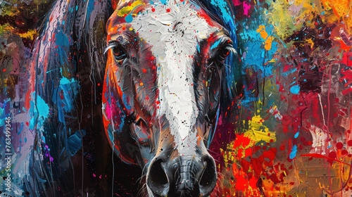 painting of a horse face with colorful paint splatters  photo