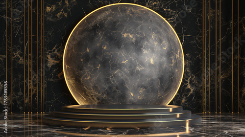Minimalist black clean marble with gold vien Podium, a black luxury room in deep nordic design Background, ideal for luxury product displays,black and gold theme,big fulled moon photo