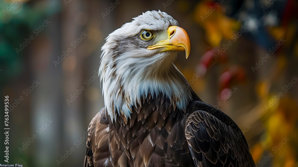 Obraz premium Close-Up Of A Bald Eagle's Head And Shoulders With A Colorful Autumnal Background
