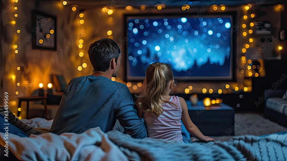 a family's movie night at home, portrayed through a rear view perspective, highlighting their shared moments of laughter and connection.