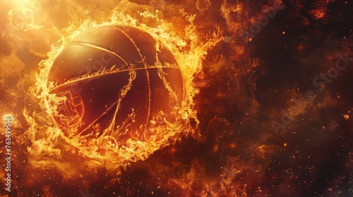 Panorama banner with basketball in celestial flames  photo