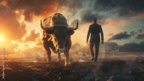 businessman facing a bull, dramatic lighting, stock market bull run concept 