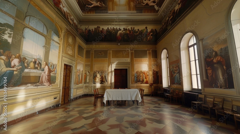 Obraz premium Powder painting on the wall It is a picture of Jesus Christ eating the Last Supper with his disciples. Currently at the Church of Santa Maria delle Grazie, Milan, Italy. 