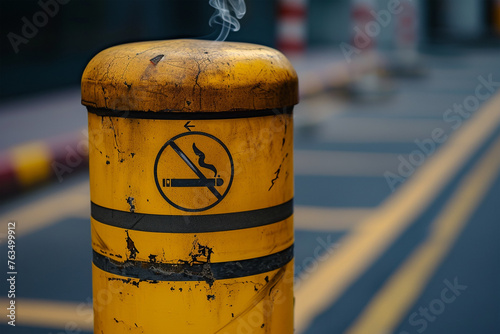 No smoking sign on a yellow bollard 
