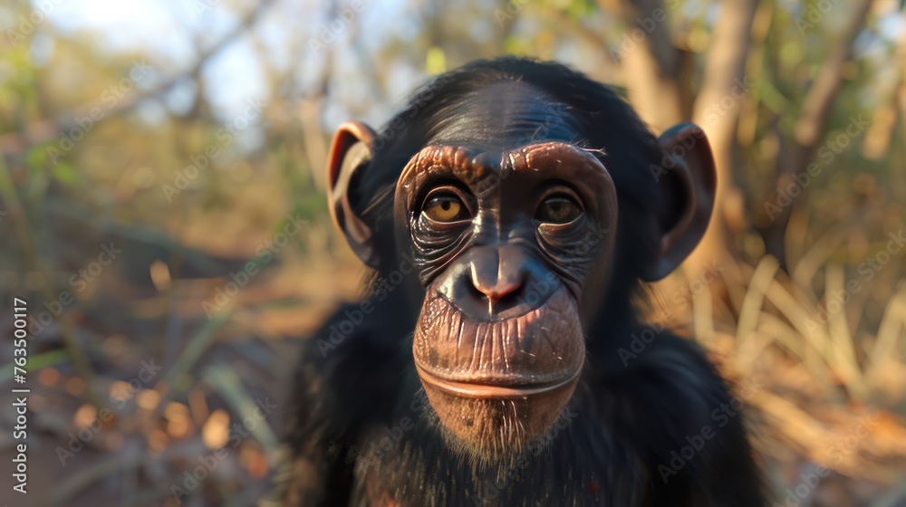 Chimpanzee: an intelligent mammal with black fur, native to Africa. Chimpanzee: an intelligent mammal with black fur, native to Africa.