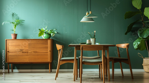 Natural Elegance: Modern Interior Featuring a Wooden Dining Room Set Against a Lovely Green Wall for a Refreshing Ambiance