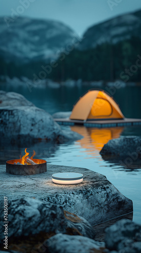 Minimalist White cylinder clean rough rock Podium, front view focus, a Greenhill with campfire and yellow tent with breathtaking lake Background