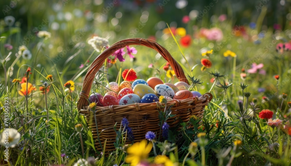 Colorful easter eggs in basket on spring meadow