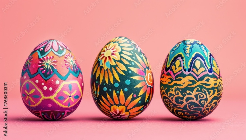 Vibrant hand-painted easter eggs on pink background Vibrant hand-painted easter eggs on pink background