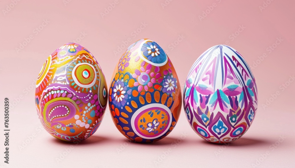 Vibrant hand-painted easter eggs on pink background Vibrant hand-painted easter eggs on pink background
