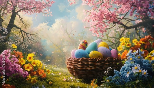 Colorful easter eggs in a basket with spring bloom