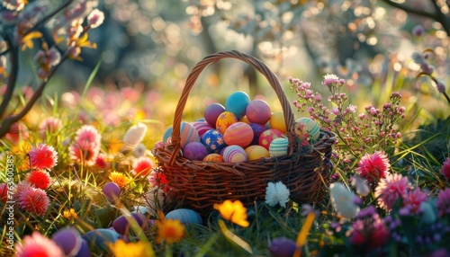 Colorful easter eggs in a basket outdoors