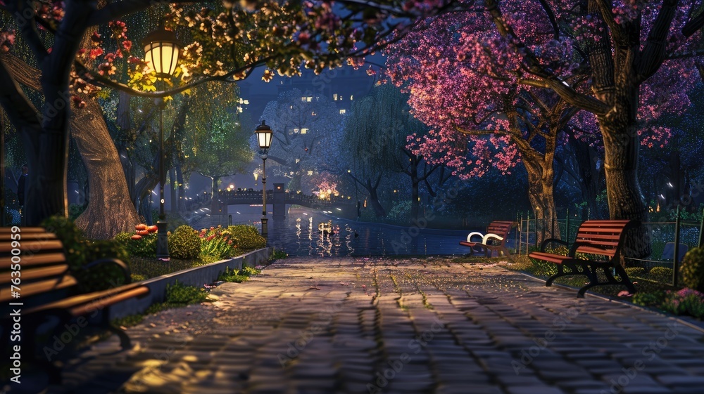 the park at night, as the moon casts a soft glow on the wooden benches and leafy park alley, creating a magical atmosphere.