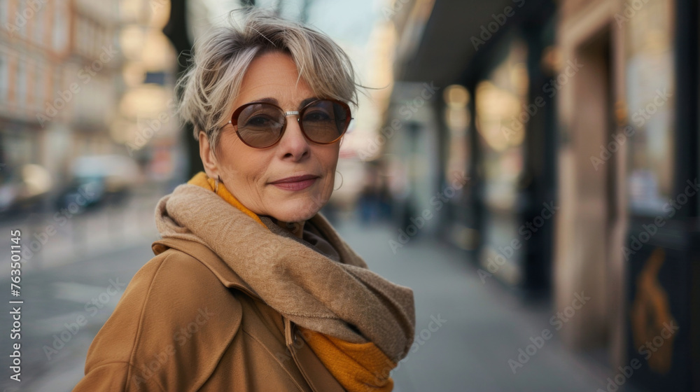 Mature woman posing in a city street