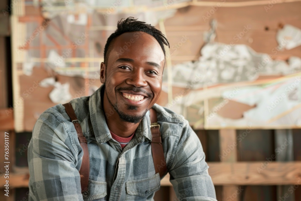 A smiling man with a backpack posing in front of a rustic wooden backdrop, exuding confidence and ease A smiling man with a backpack posing in front of a rustic wooden backdrop, exuding confidence and ease