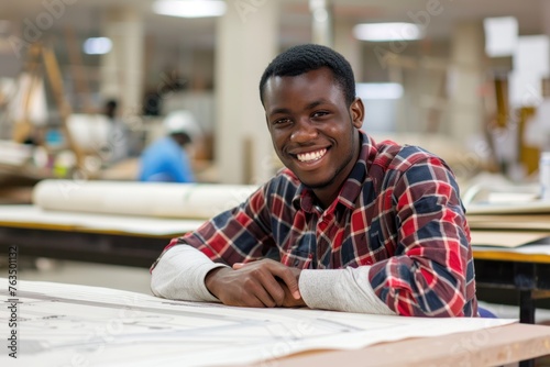 A young man in a plaid flannel shirt smiles warmly at the camera while leaning on a drafting table in a workshop