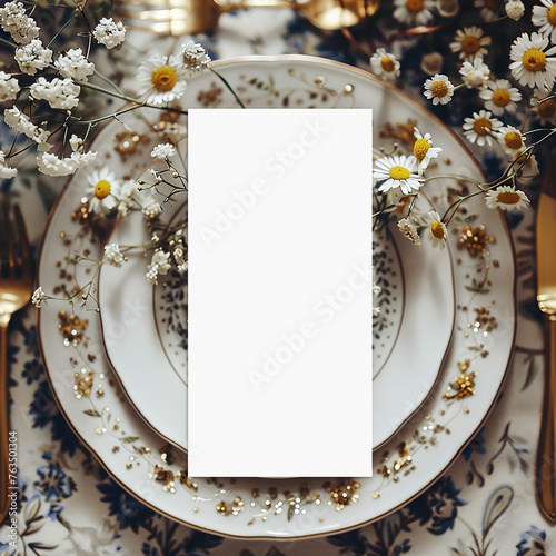 Table place with blank card on white wooden table with bohemian decorations close up. Boho wedding place card mockup.