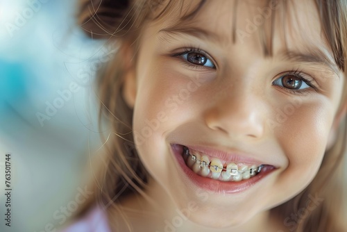 little smiling girl with metal braces on teeth, orthodontist, dentistry, oral cavity,
