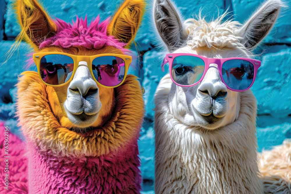 Two llamas wearing sunglasses and one of them is pink. The sunglasses are blue and yellow. The llamas are smiling and looking at the camera. colors and patterns in the body of two llamas
