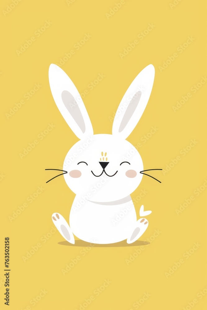 Obraz premium minimalist easter bunny card, Cute white rabbit, pink ears, simple flat illustration style, yellow background,