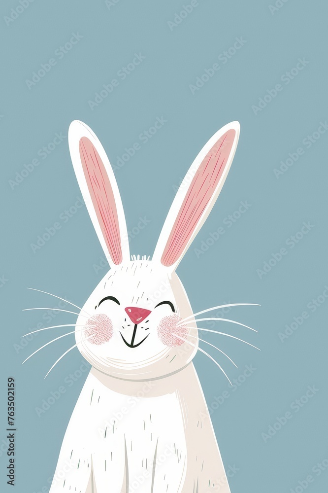 minimalist easter bunny card, Cute white rabbit, pink ears, simple flat illustration style, blue background,