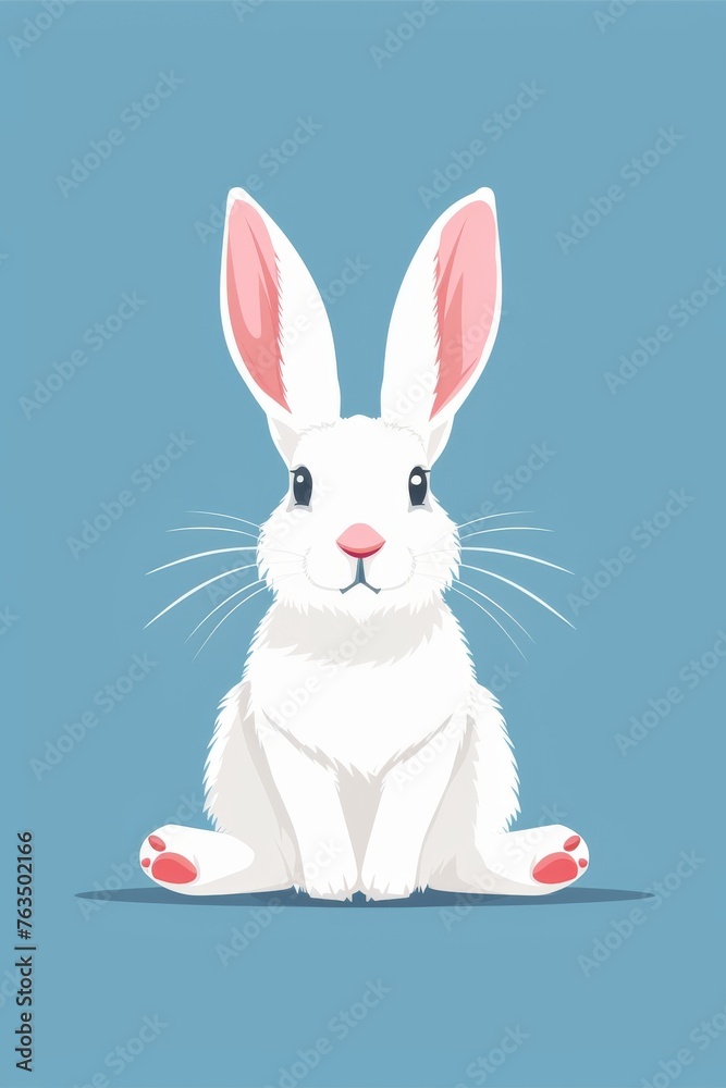 Obraz premium minimalist easter bunny card, Cute white rabbit, pink ears, simple flat illustration style, blue background,