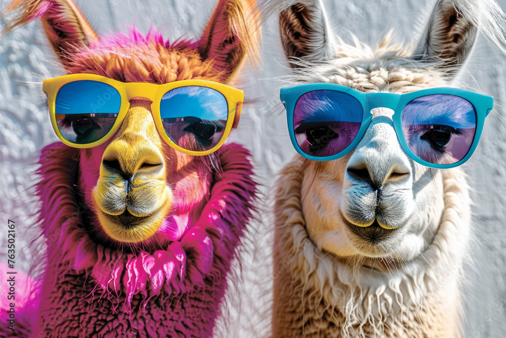 Fototapeta premium Two llamas wearing sunglasses and one of them is pink. The sunglasses are blue and yellow. The llamas are smiling and looking at the camera. colors and patterns in the body of two llamas