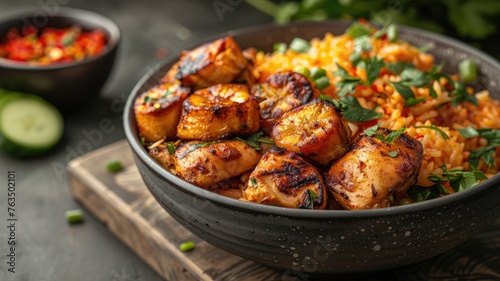 jollof rice adorned with succulent chicken pieces and golden fried plantain, a quintessential dish of West African cuisine, with ample space for text.