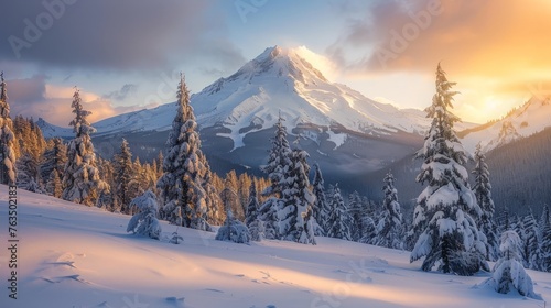 A snow-covered mountain looms in the background, surrounded by tall trees in the foreground