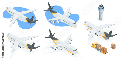 isometric vector set of cargo plane, in color on a white background, transportation or delivery of goods by air