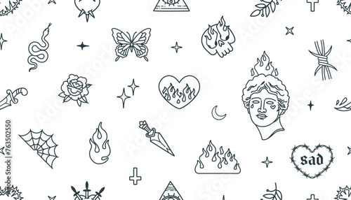 Y2k elements vs Old School tattoo background of seamles pattern: flamed heart, rose flower, antique statue head, fire, dagger, snake, etc vector elements