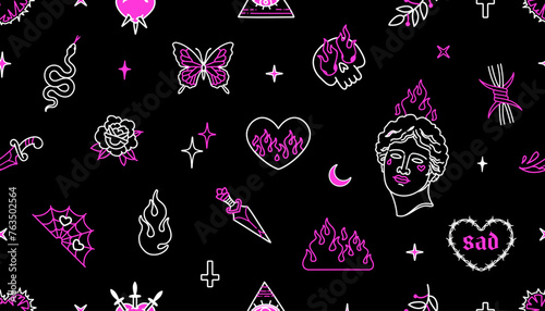 Y2k glamour elements vs Old School tattoo background of seamles pattern: flamed heart, rose flower, antique statue head, fire, dagger, snake, etc vector elements for print fabric and textile design