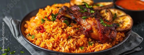 jollof rice adorned with succulent chicken pieces and golden fried plantain, a quintessential dish of West African cuisine, with ample space for text.