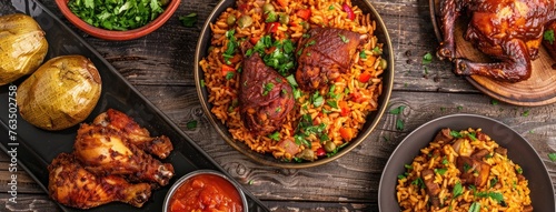jollof rice adorned with succulent chicken pieces and golden fried plantain, a quintessential dish of West African cuisine, with ample space for text. photo