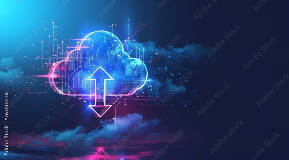 A futuristic cloud icon with an arrow pointing upwards, surrounded by glowing data points and lines representing the flow of information through internet connection in a digital style Generative AI