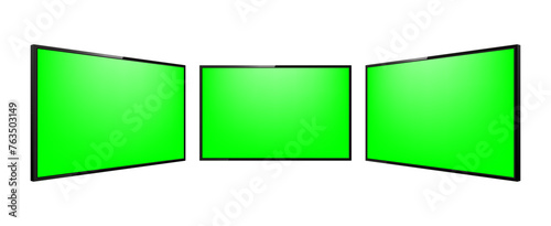 Realistic TV screen. TV screen mockup. Modern stylish lcd panel. Monitor display with chromakey. Blank television template. Vector illustration.