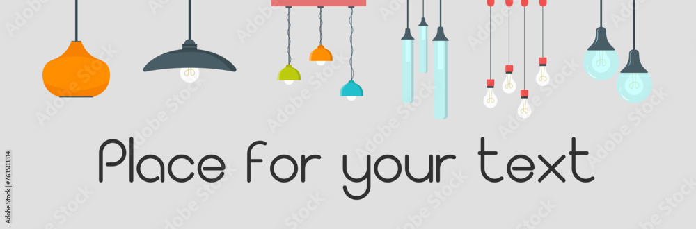 Electric table, floor lamps, lampshades, ceiling chandeliers, bedside nightlights set. Different interior light decor standing and hanging. Flat vector illustrations isolated on white background Electric table, floor lamps, lampshades, ceiling chandeliers, bedside nightlights set. Different interior light decor standing and hanging. Flat vector illustrations isolated on white background