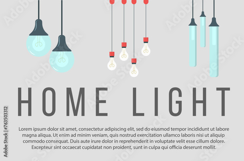 Electric table, floor lamps, lampshades, ceiling chandeliers, bedside nightlights set. Different interior light decor standing and hanging. Flat vector illustrations isolated on white background