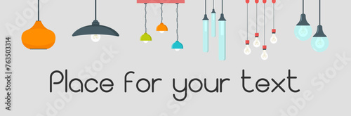 Electric table, floor lamps, lampshades, ceiling chandeliers, bedside nightlights set. Different interior light decor standing and hanging. Flat vector illustrations isolated on white background