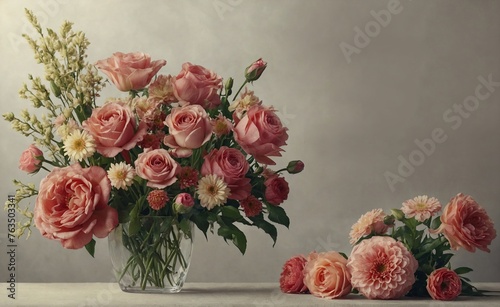 Vase with a bouquet of flowers in it. Image for a wedding  women s day  mother s day  Valentine s Day or birthday themed greeting card or invitation. Space for text