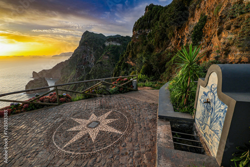 Miradouro da Rocha do Navio, Madeira Island, overlook at sunrise with Compass Rose