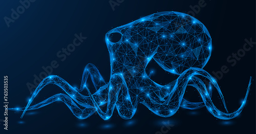 Octopus. Polygonal design of interconnected lines and dots. Blue background.