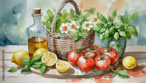 Aquarelle Panier d'osier avec pot de terre, tomates, fleurs coupées, basilic, huile d'olive, citrons