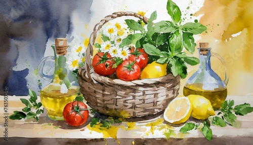 Aquarelle Panier d'osier avec pot de terre, tomates, fleurs coupées, basilic, huile d'olive, citrons