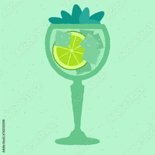 Blue cocktail with lemon, soda and gin tonic. Refreshing mocktail. Blue Lagoon. Alcohol drink for bar. Cold soft liquid in stemware glass. Non-alcoholic beverage. Flat vector illustration with texture