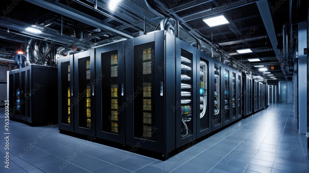 Naklejka premium Depict a state of the art data center with rows of server racks, cooling systems, and redundant power supplies