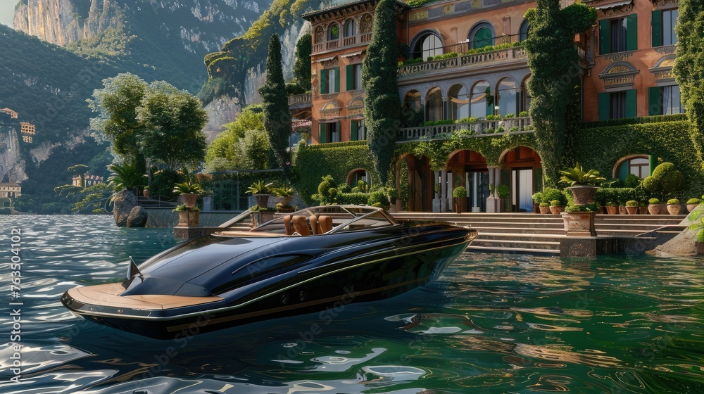A black boat with leather seats and wood accents parked on the lake in front of a luxurious mansion surrounded by lush greenery. The scene captures the essence of luxurious lakeside living.